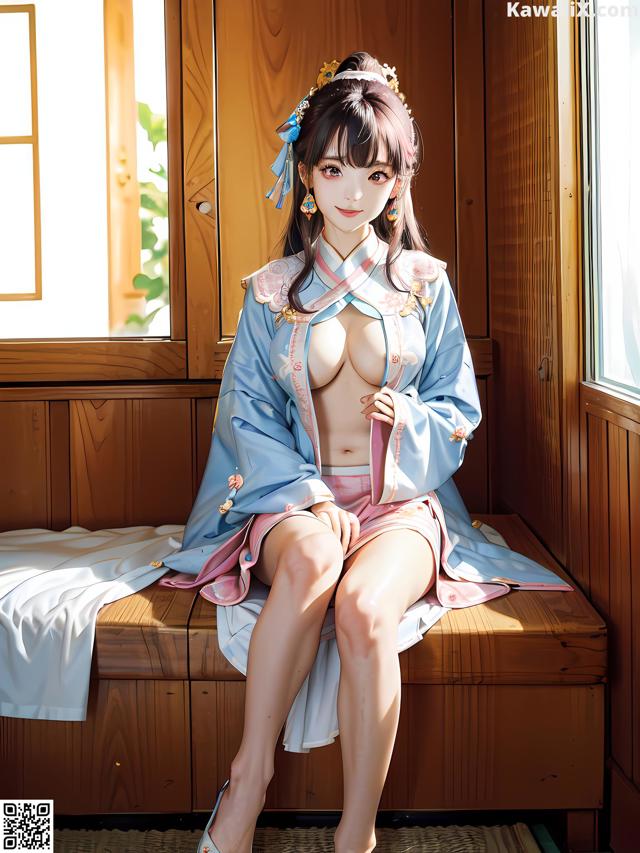 A woman in a blue kimono sitting on a wooden bench.