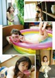 A collage of photos of a woman in a bikini and goggles.