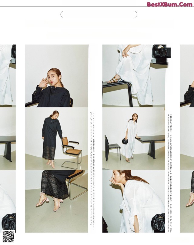 A woman in a white dress sitting on a chair.